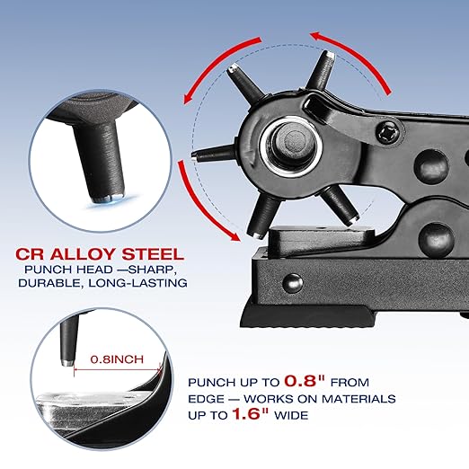 WORKPRO Desktop Leather Hole Punch Set, Rotary Belt Hole Puncher, 6 Punch Sizes, Heavy Duty Leather Hole Punch Tool for Belts, Dog Collars, Watch Band, Saddles, Shoes, Home DIY