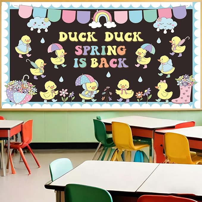 Spring Bulletin Board Set Duck Duck Spring is Back Classroom Decoration Spring Cutouts for School Office Classroom Chalkboard Whiteboard Wall Window Door Decor Supplies