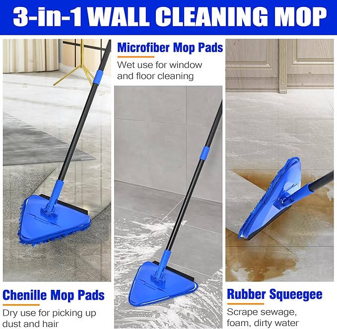 Wall Mop Cleaner Long Handle 80 inches, 180° Folding Ceiling Washer Scrubber and Squeegee, Triangle Baseboard Cleaning Tool Duster with 6 Microfiber Chenille Pads for Painted Walls Window Floor