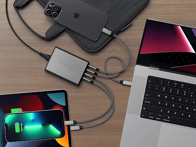 Satechi 165W USB C 4-Port GaN Charging Station, 4 USB-C PD, Laptop Charger, for MacBook Air/Pro M5/M4/M3, iPad Air/Pro M5/M4/M3, iPad 11th gen, iPad mini, iPhone 17/16 Galaxy S25, Windows