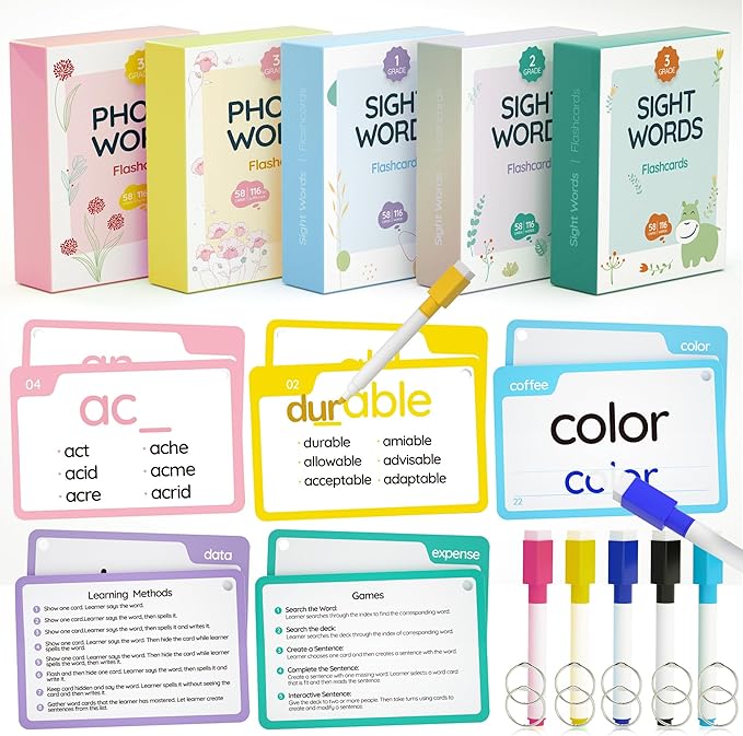 WJPC 300 Cards, 580PCS High Frequency Sight Words Flash Cards for (1st, 2nd, 3rd Grade, First Second Third Grade Prefix Suffix 6,7,8,9,10,11 Years Ages Kids Boys Girls