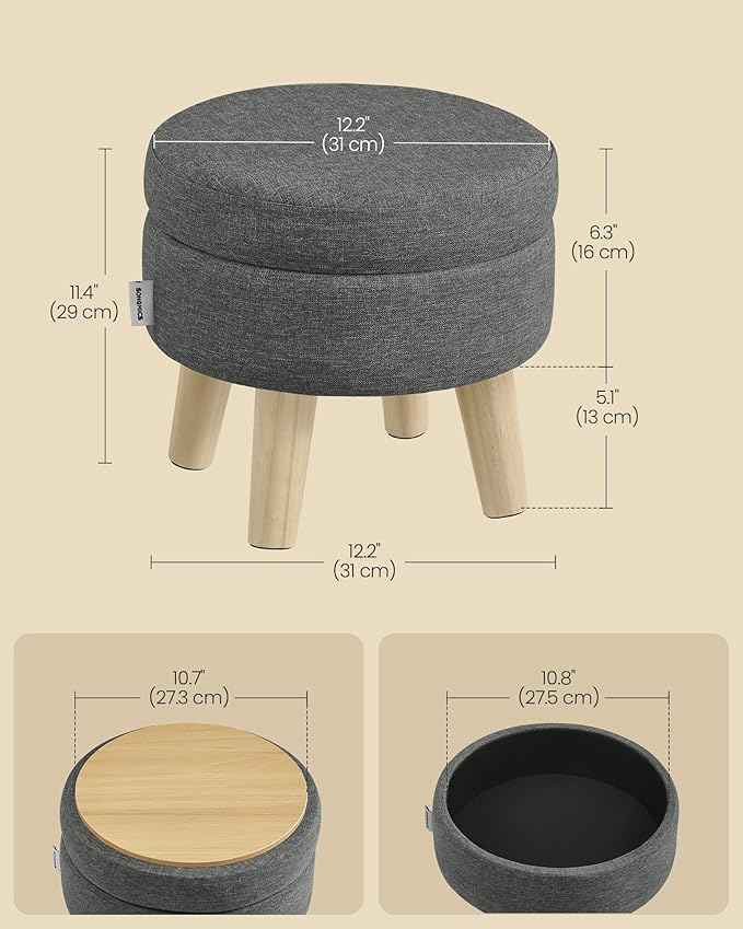 SONGMICS Storage Ottoman, Foot Stool, Round Ottoman with Padded Seat, Foot Rest with Wood Legs, Small Table, for Hallway, Living Room, 12.2 Inches, Linen-Look Fabric, Slate Gray ULOM514GN01