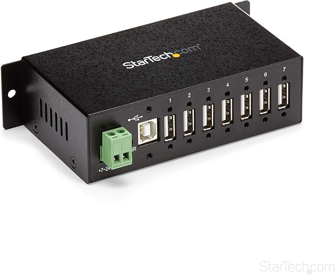 StarTech.com 7-Port USB 2.0 Hub - Metal Industrial USB-A Hub with ESD Protection & 350W Surge Protection - Din Rail, Wall or Desk Mountable - TAA Compliant USB Expander Hub (ST7200USBM)