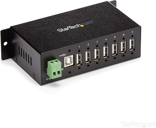 StarTech.com 7-Port USB 2.0 Hub - Metal Industrial USB-A Hub with ESD Protection & 350W Surge Protection - Din Rail, Wall or Desk Mountable - TAA Compliant USB Expander Hub (ST7200USBM)