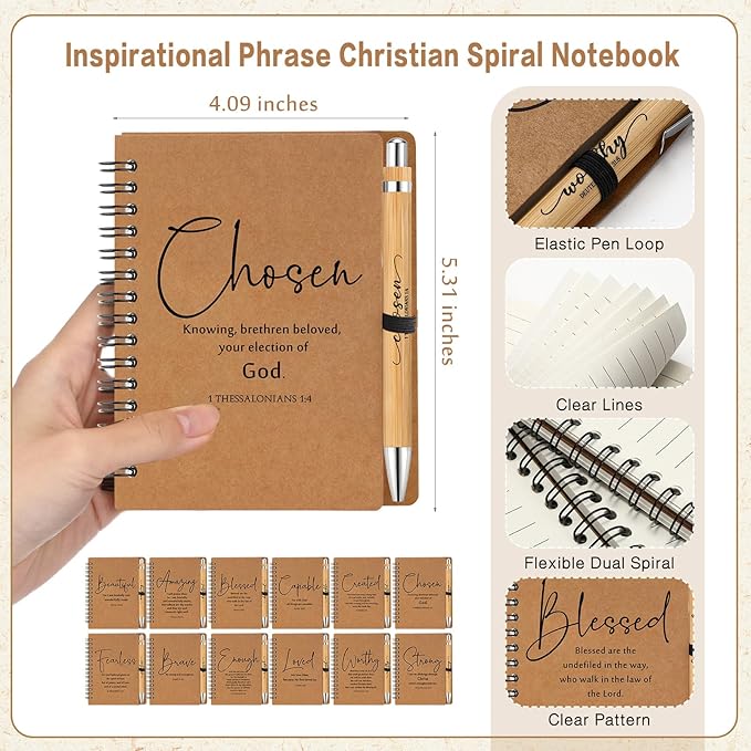Kosiz 36 Sets Christian Gifts Bulk Inspirational Bible Verse Spiral Notebook and Religious Bamboo Ballpoint Pen Journal with Scripture for Easter Church Member First Communion Teacher Holy Week (Brown)