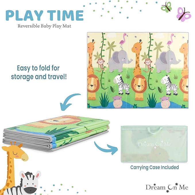 Dream On Me Play Time Reversible Baby Play Mat Foldable Extra Large Thick Foam Crawling Playmats for Toddlers Waterproof Portable Playmat, Happy Feet