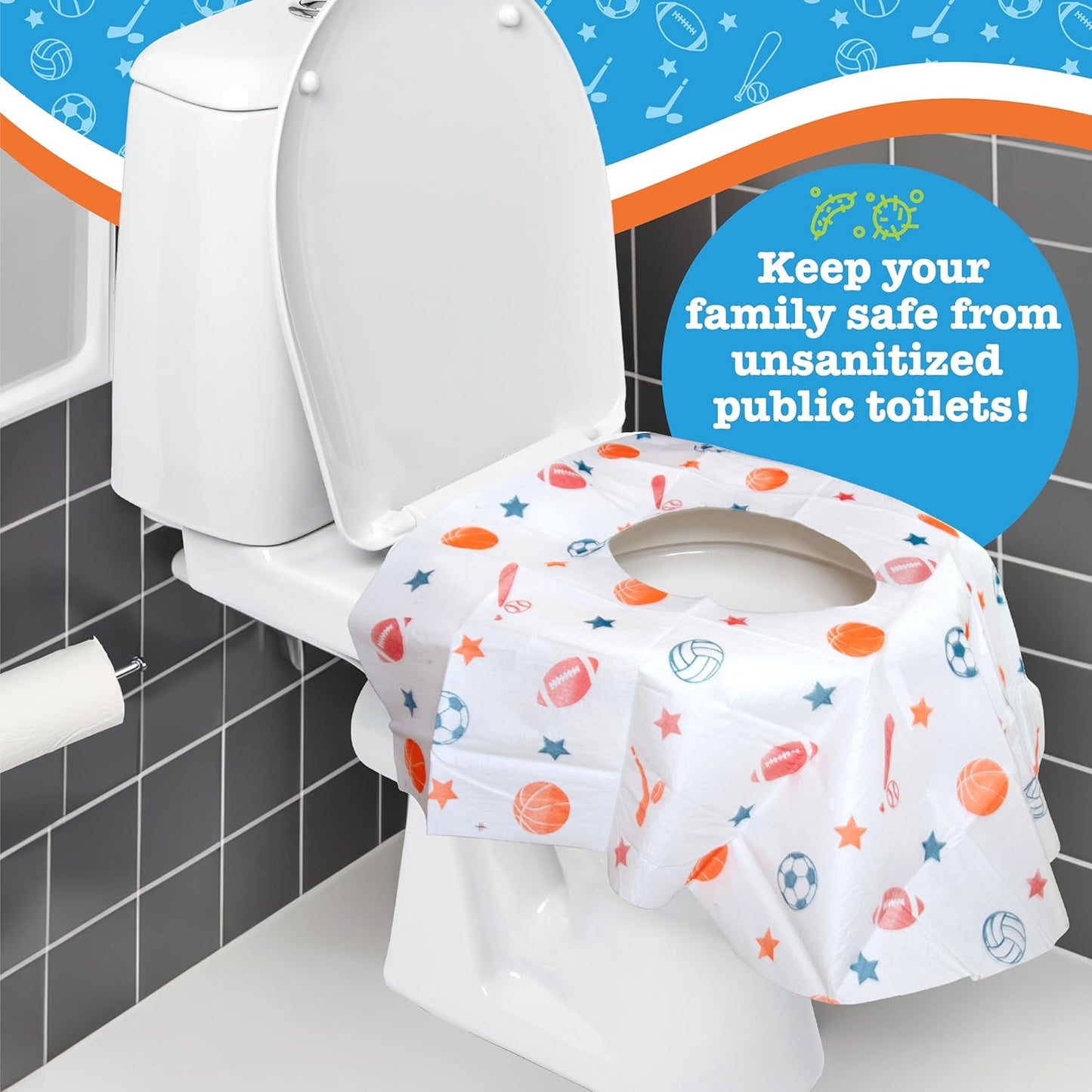 Disposable Toilet Seat Covers for Kids & Adults, 40 Pack - Protect from Public Toilet Germs While Potty Training & More - Extra Large, Waterproof, Portable, Individually Wrapped - Blue/Sports
