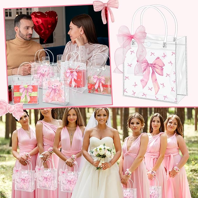 H1vojoxo Pink Bow Gift Bags - 24PCS Clear PVC Gift Bags with Handles DIY Ribbon Coquette Bow knot Reusable Transparent Tote Bag for Girls Birthday Baby Shower Weeding Bridal Engagement Party