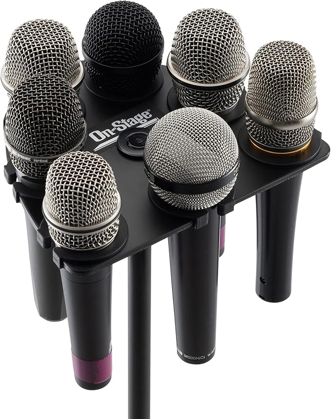 On-Stage MSA2700 Multi-Mic Holder (Microphone Organizer, Display, Caddy, Supports Handheld, Dynamic, Wired, and Wireless Mics, Aluminum, Silicone Padding, Black)