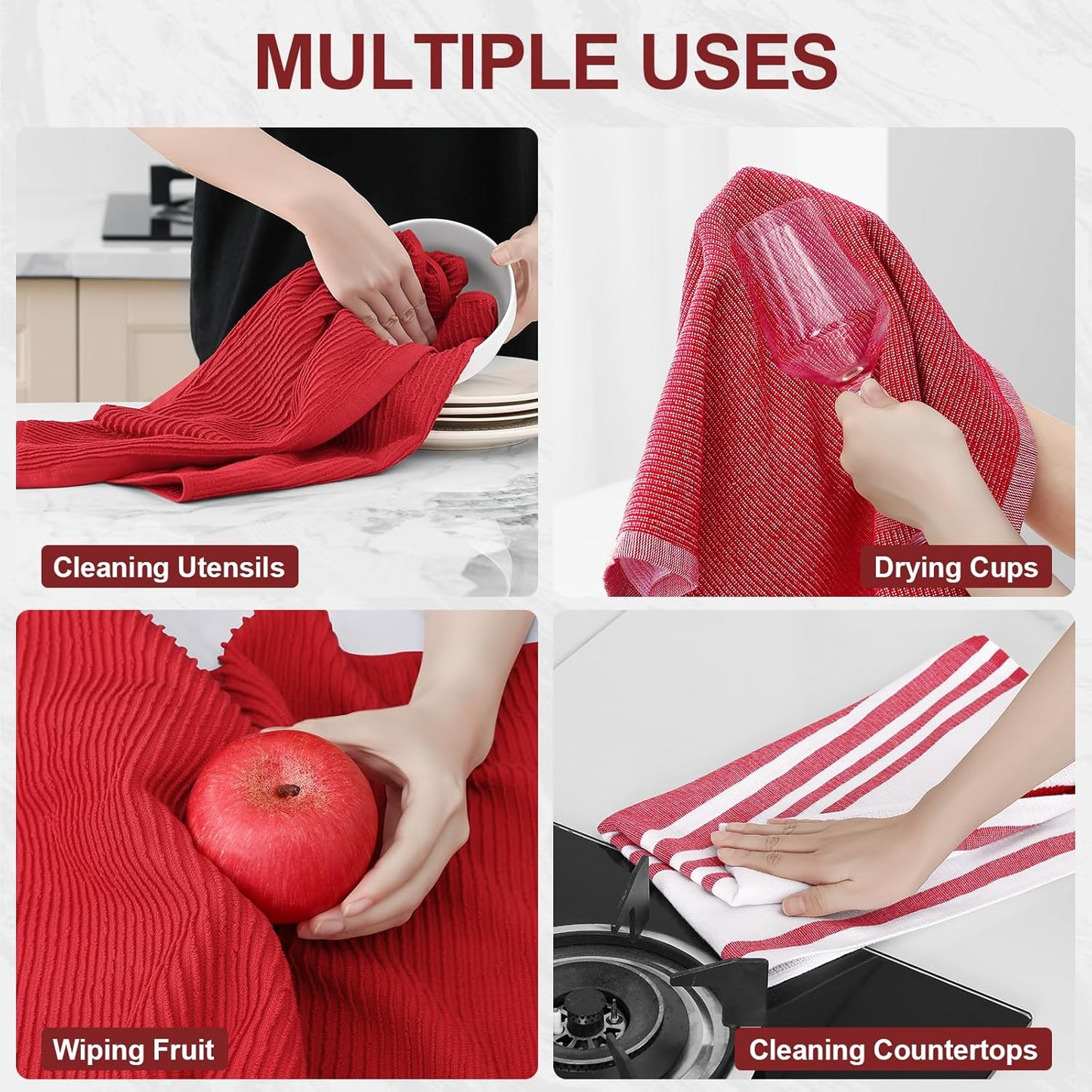 Homaxy Premium Kitchen Towels(18”x 28”, 6 Pack), Large Cotton 380 GSM Kitchen Hand Towels, Soft and Absorbent Terry Dish Towels, Multipurpose Tea Towel Set with Hanging Loop, Red