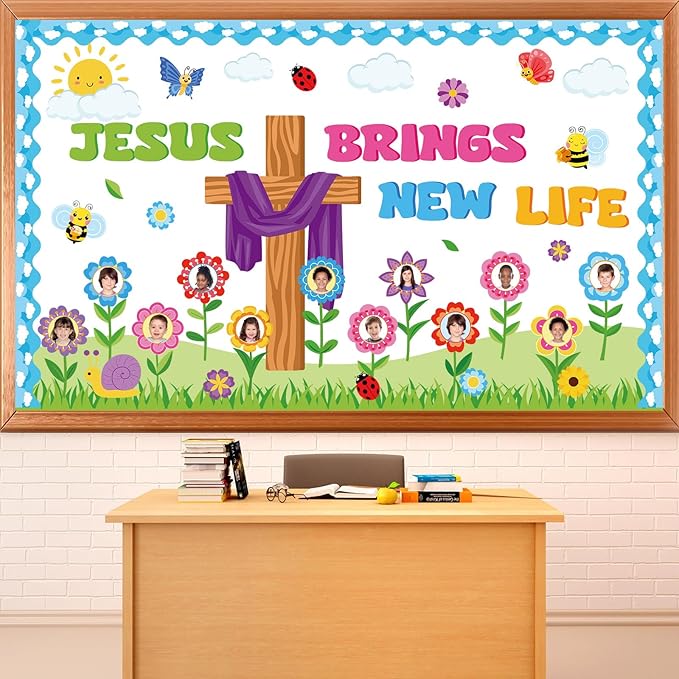 Christian Spring Bulletin Board Set Jesus Brings New Life Religious Cross Classroom Decor Lent Butterfly Flower Paper Cutouts DIY Photo Bulletin Board Border for Easter Church VBS Sunday School Decor
