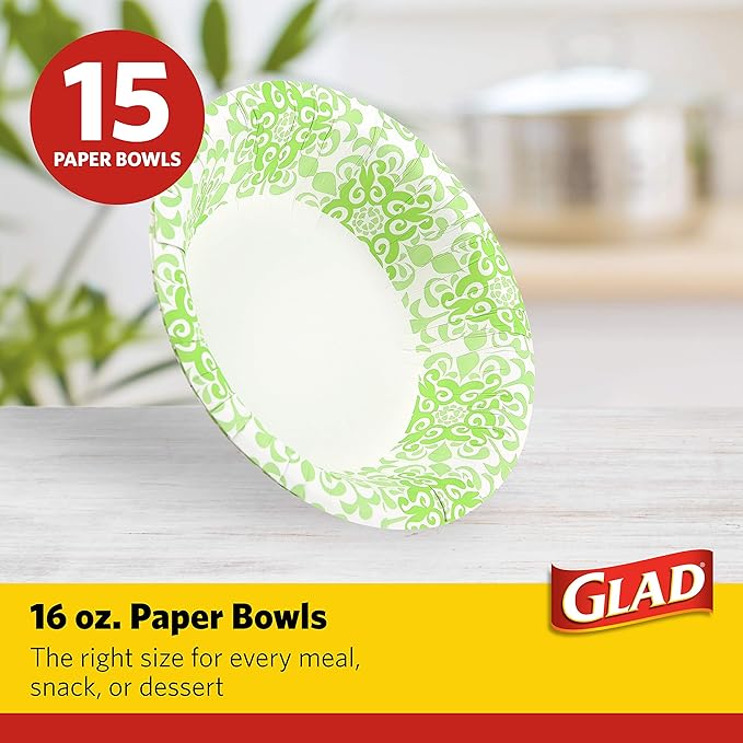 Glad Round Disposable Paper Bowls, Green Victorian Design - Heavy Duty, Soak Proof, Cut-Resistant, Microwavable Bowl for All Foods & Daily Use, 16 Oz, 15 Count