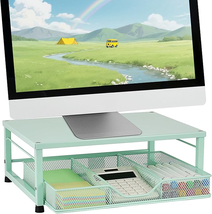 Small Laptop Stand for Desk, Monitor Stand Riser, Office Desk Accessories, Computer Desktop Stand with Drawer for Home, Office, School (Mint Green)