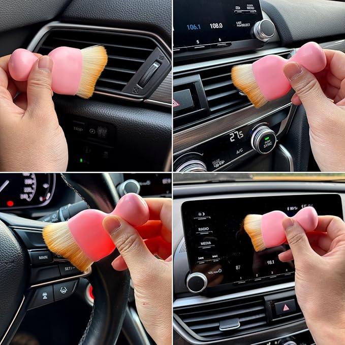 Car Detailing Brush, Soft Bristle Cleaning Brush, Scratch-Free Auto Duster Tool for Dashboard, Air Vents, Leather & Interior Cleaning (Pink&Brown)