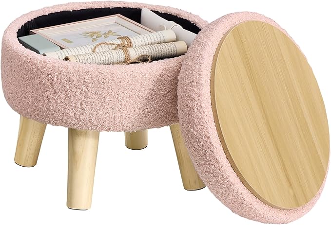 SONGMICS Storage Ottoman, Foot Stool, Round Ottoman with Padded Seat, Foot Rest with Wood Legs, Small Table, for Hallway, Living Room, 12.2 Inches, Teddy Fleece, Jelly Pink ULOM515SA01