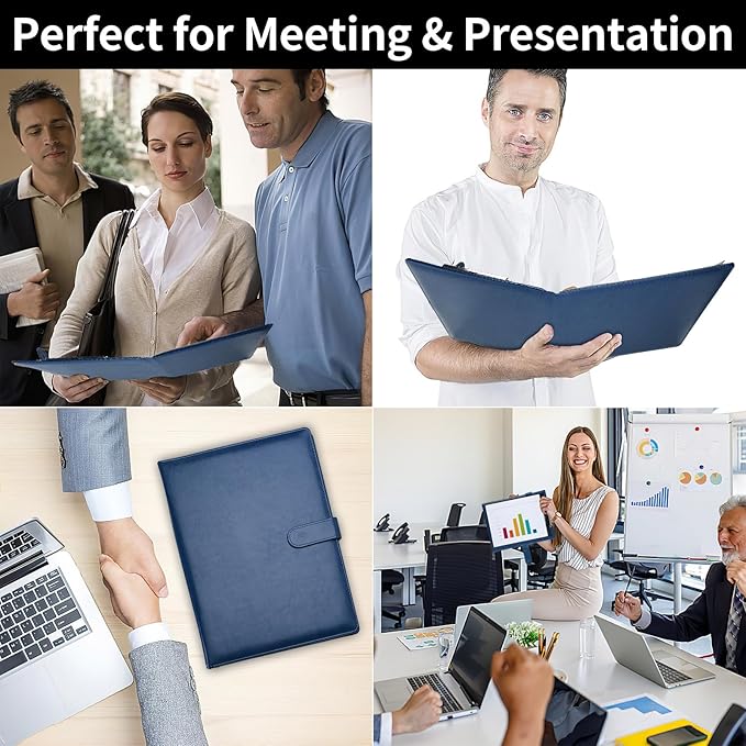 Professional Padfolio with Clipboard, Faux Leather Portfolio Folder Binder, Legal Pad Holder for A4 Letter Size Notepad, Resume, Writing Pad, Ideal Organizer for Business Office Conference (Blue)