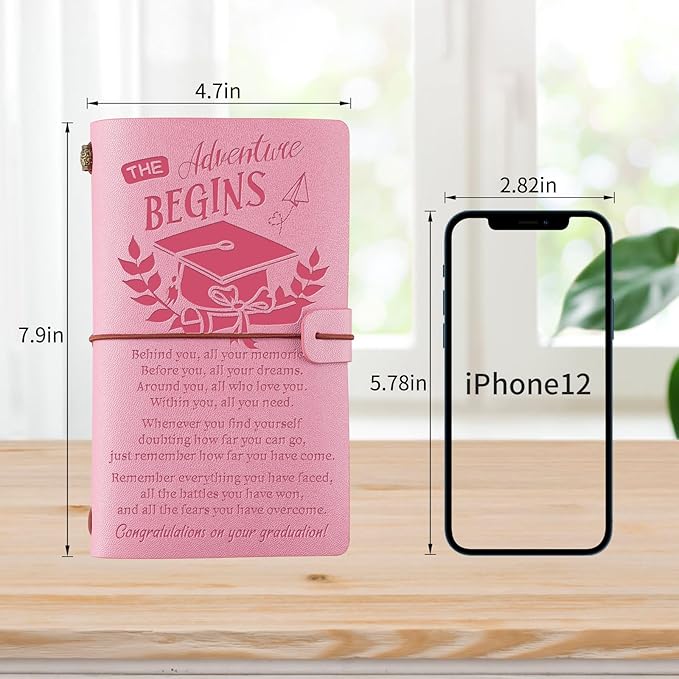 PRSTENLY Graduation Gifts Leather Journal, Graduation Gifts for Her Him 140 Page Refillable Journal, High School University College Graduation Gift Ideas for Women Men (Pink)