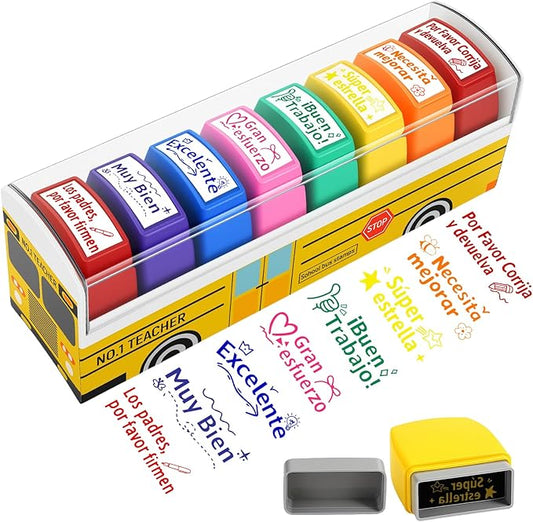 8Pcs Spanish Teacher Stamps Gifts for Classroom Rubber Self Inking Grading Stamps Set Motivation Teacher Stamp for Bilingual School Elementary Kid Homework Reward Supplies, Sellos para Maestros