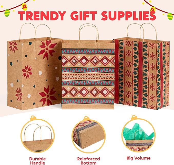 JOYIN 24 PCS Christmas Kraft Gift Bags Xmas Holiday Paper Goody Wrap Shopping Bags with Handles for Holiday Presents, Giant Gifts Decorations, Classrooms and Party Favors (10 x 13 x 5)