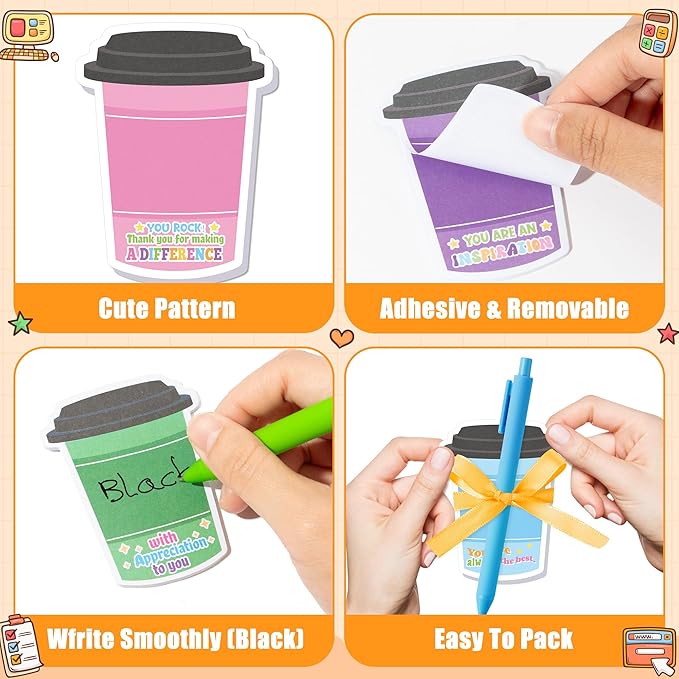 Xqumoi Employee Appreciation Coffee Cup Sticky Notes Set - 24 Set Coffee Self Sticky Writing Memo Pads Ballpoint Pens with Mesh Bag for Coffee Lover Staff Member Colleague Worker School Office Supply