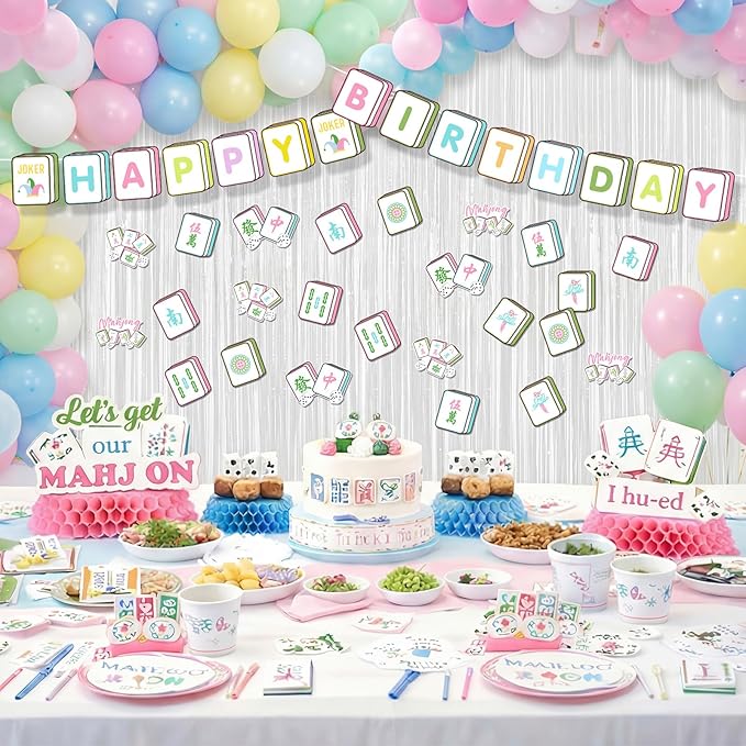 Epakh 39 Pcs Mahjong Birthday Party Decorations Includes 24 Pieces Paper Cards Decor 13 Pcs Happy Birthday Banner 2 Pieces Foil Fringe Curtain Backdrop for Photo Prop Themed Party Supplies