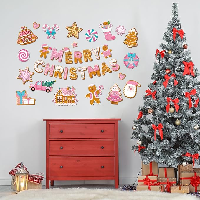 Kosiz 54 Pcs Christmas Bulletin Board Set Pink Gingerbread Man Cut-outs Merry Christmas Bulletin Board Decoration Set Pink Gingerbread House Cutouts for Xmas Holiday Party School Home Wall Door Decor