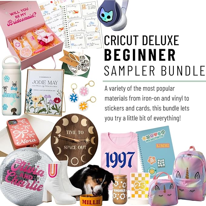 Cricut Deluxe All-in-One Materials and Accessories Bundle - 70+ Piece Beginner Sampler Material Kit for Cricut Explore Air and Maker Machines- Vinyl, HTV, Card Making Packs, and Sticker Paper