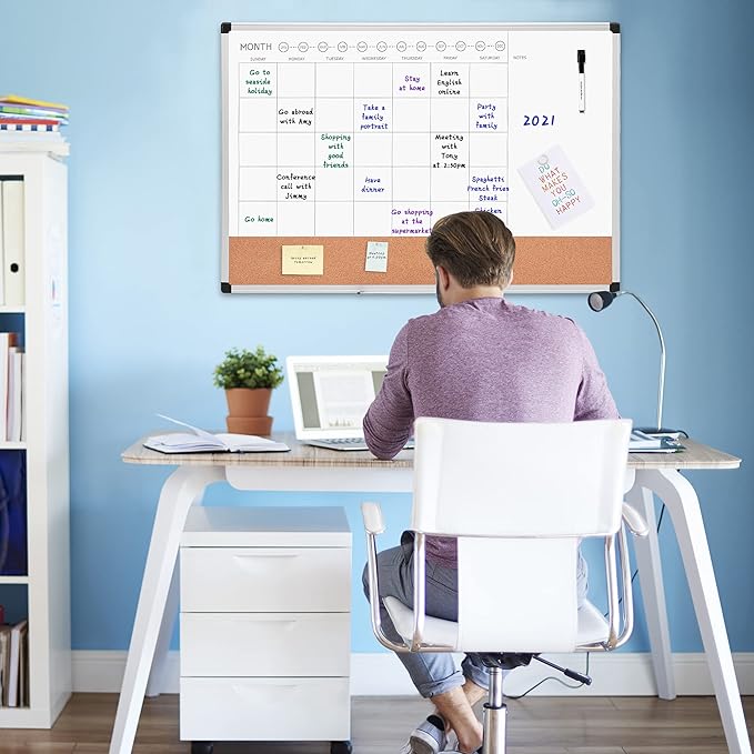 Amazon Basics 24" x 36" Monthly Whiteboard Calendar with Cork Board, Wall Mounted, Easy to Install, Silver Aluminum Frame, Erasable Planning Organization