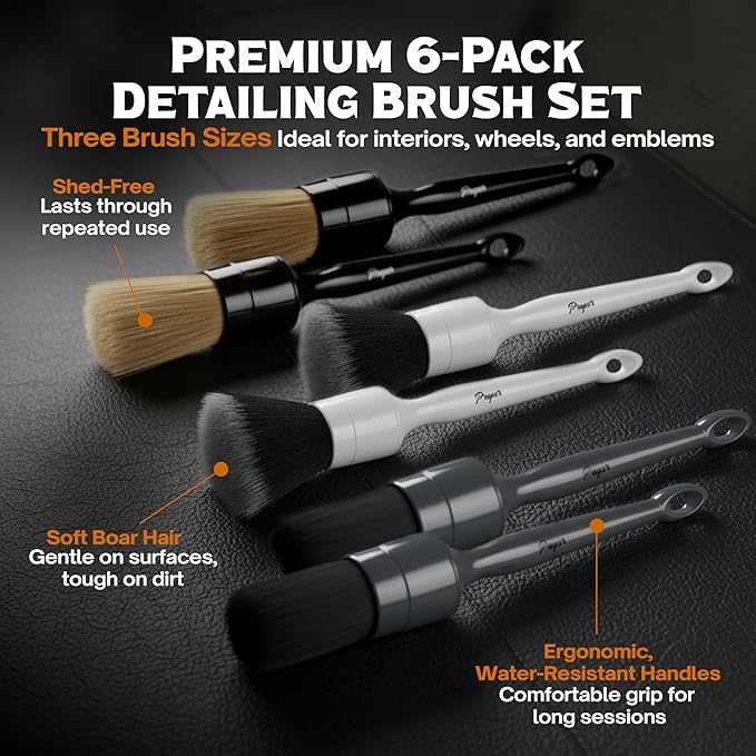 Premium Car Detailing Brush Set - Complete Professional 6 Pack Kit Detail Brushes with Soft Boars Hair Bristles for Auto Interior & Exterior - for Cleaning Leather Seats, Air Vents, Wheels & Emblems