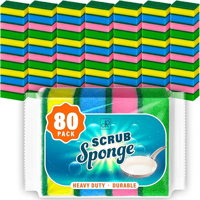 DecorRack 80 Kitchen Sponges, Heavy Duty Dish Sponges, Household Cleaning, Bathroom, Car Wash - Bulk Pack, Multicolor (Pack of 80)