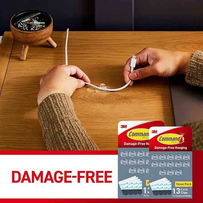 Command Round Cord Clips, Damage Free Hanging Cable, for Hanging Electrical Cables, 26 Clear Cord Clips and 32 Strips
