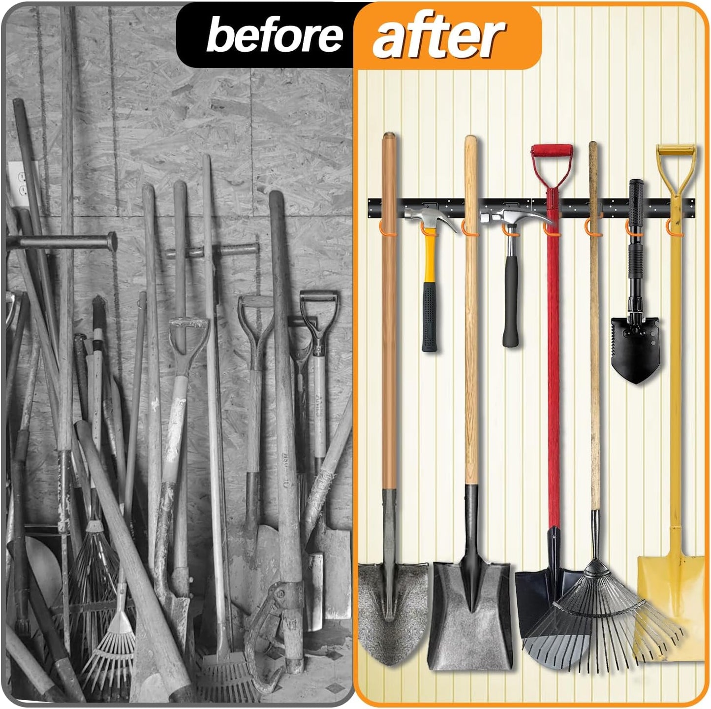 3-H 6×16" All Metal Garden Tool Organizer, Garage Tool Organizer, Broom Holder Wall Mount for Garage, Shed, Garden, Basement Hanging and Organizing Rake, Mop, Shovel, Hose