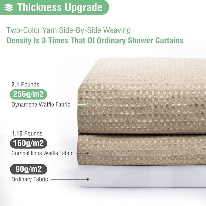 Dynamene Extra Wide Shower Curtain - 84 Inch Wide Waffle Weave Weighted Thick Cloth Bathroom Shower Curtain, Neutral Heavy Duty Hotel Bath Curtain Set with 14 Plastic Hooks, 84x72, Beige/Khaki