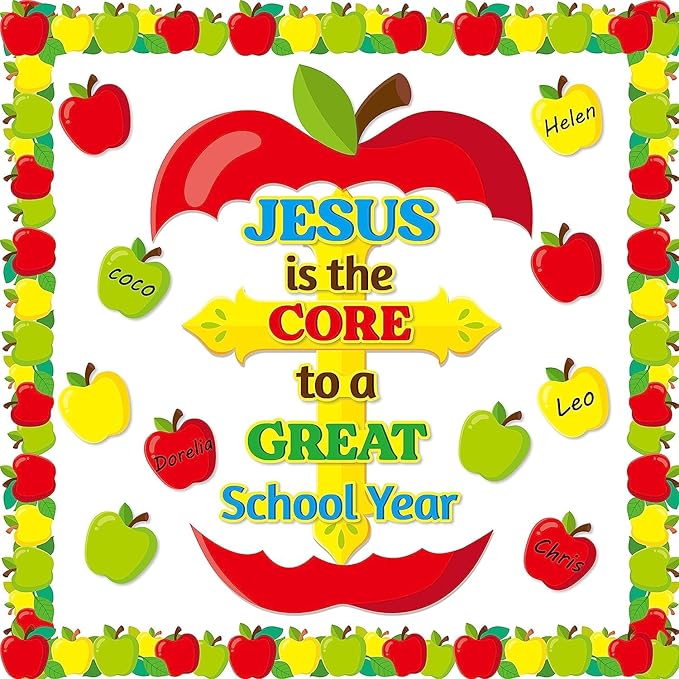BeYumi 77Pcs Jesus is the Core to a Great School Year Christian Bulletin Board Set Cross Apple Name Tags Cutout Border Trim Back to School Faith Religious Classroom Sunday School Chalkboard Wall Decor