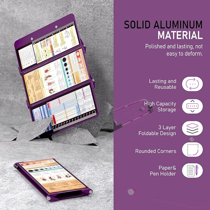 Nursing Clipboard Foldable w/Nursing Edition Cheat Charts, 3 Layers Aluminum, Nurse Board w/Low Profile Clip&Pen Clip Pocket Blank for Nurses, Doctors, Dark Purple