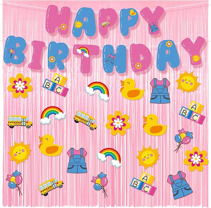 Epakh 39 Pcs Cartoon English Teacher Birthday Party Decorations Includes 24 Pieces Paper Cards 13 Pcs Happy Birthday Banner 2 Pieces Foil Fringe Curtain Backdrop for Photo Prop Themed Party Supplies