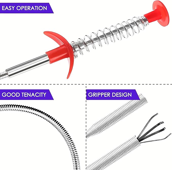 Drain Snake, Drain Clog Remover - Gutter Cleaning Tools Drain Cleaner for Toilet Sewer Shower Kitchen Bathroom Tub Clogged Drains Opener Cleaning Tool, Flexible Grabber Claw Pick Up Reacher (63 inch)