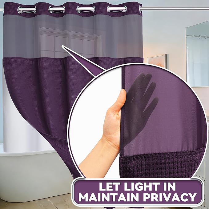 Conbo Mio No Hook Waffle Weave Shower Curtain with Snap in Liner Set, Hotel Luxury Purple Shower Curtains for Bathroom with See Through Top Window, Waterproof, Washable 71W x 74H