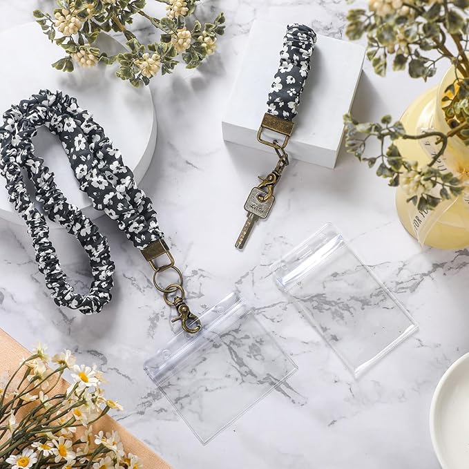 Marspark 2 Set Scrunchie Lanyards with 4 Card Holders for ID Badges and Keys Cute Stretchy Scrunchie Neck and Wrist Lanyards for Teacher Women Nurses School Office Supplies(Black, White Floral)