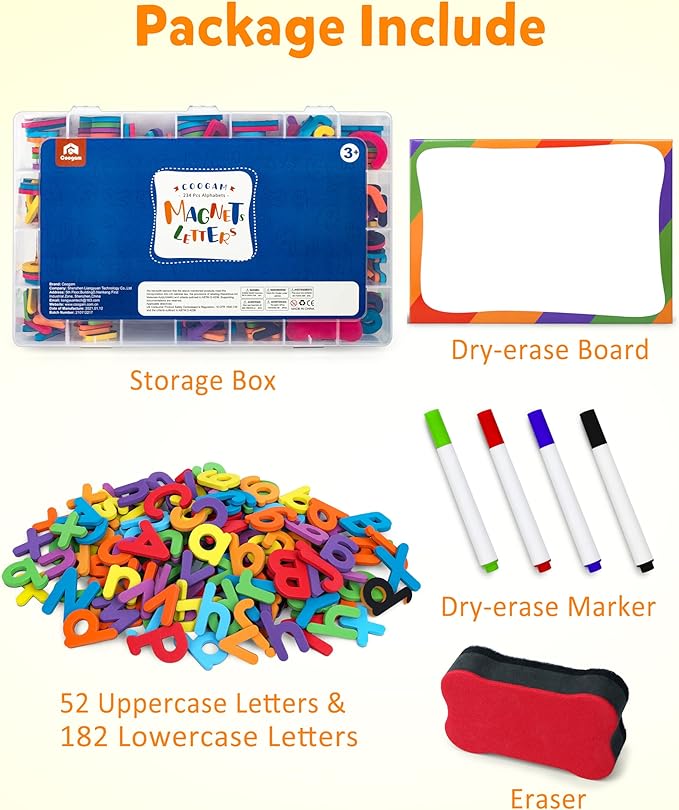 Coogam Magnetic Letters 234 Pcs, Uppercase Lowercase Foam Alphabet ABC Fridge Magnets, Educational Toy Set for Classroom Kids Learning Spelling with Magnetic Board and Storage Box
