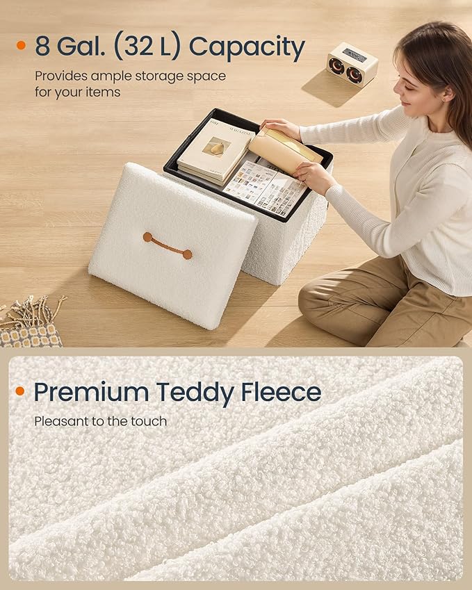 SONGMICS Small Folding Storage Ottoman, Foot Rest Stool, 12.2 x 16.1 x 12.2 Inches, Ottoman with Storage, Load up to 286 lb, for Living Room, Bedroom, Dorm, Cream White ULSF094W01