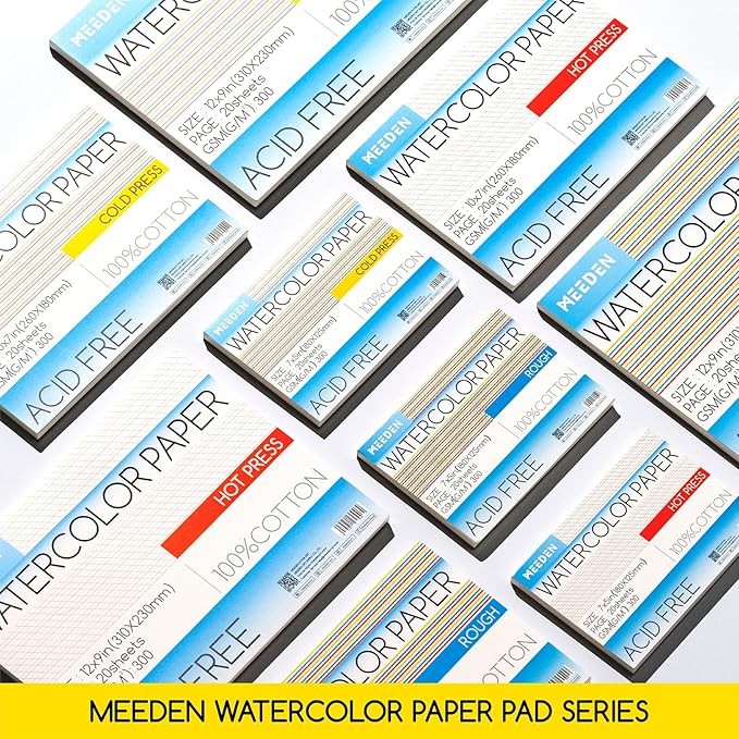 MEEDEN Watercolor Paper Block - 3 Textures 100% Cotton Watercolor Paper Pad of 30 Sheets, 140lb/300gsm, Acid-Free Art Paper for Watercolor, Gouache, Ink and More, 10" x 7"