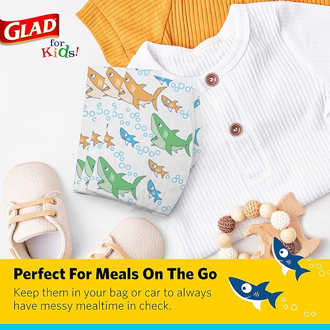 Glad for Kids Shark Disposable Paper Bibs with Crumb Catcher, Absorbent Leakproof Bibs for Toddlers and Babies, Mess Free Feeding, Crafts, Parties, and Travel Use, 30 Count