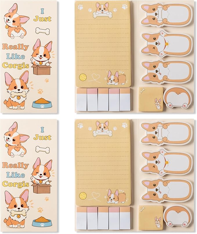 Xqumoi 2 Pack I Just Really Like Corgis Sticky Notes Set - Cute Cartoon Corgis Self-Stick Notes Pads Animal Divider Tabs Bundle Writing Memo Pads Page Marker Back to School Office Supplies Small Gift