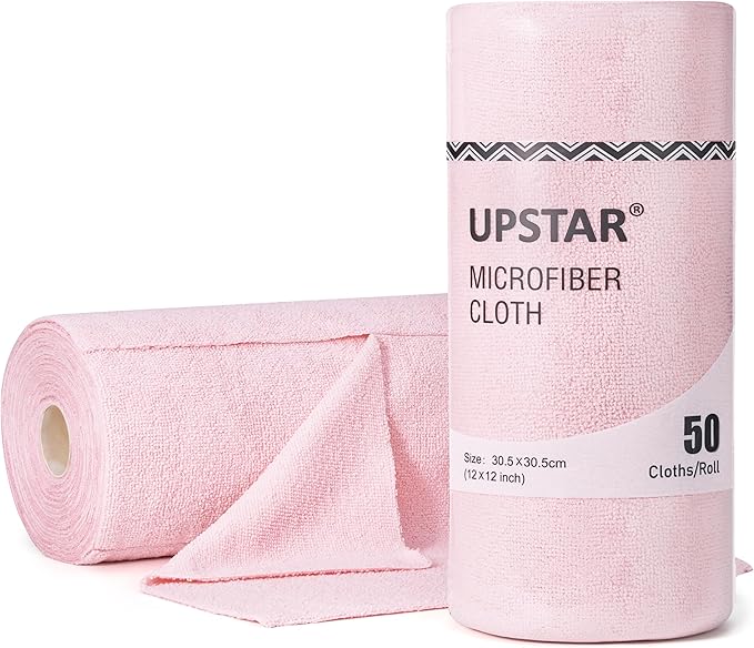 UPSTAR Microfiber Cleaning Cloth, Reusable Paper Towels Rolls, 50 Packs 12x12 inch Cleaning Rags for Washing Dishes, Kitchen, Bathroom, Car, Pink