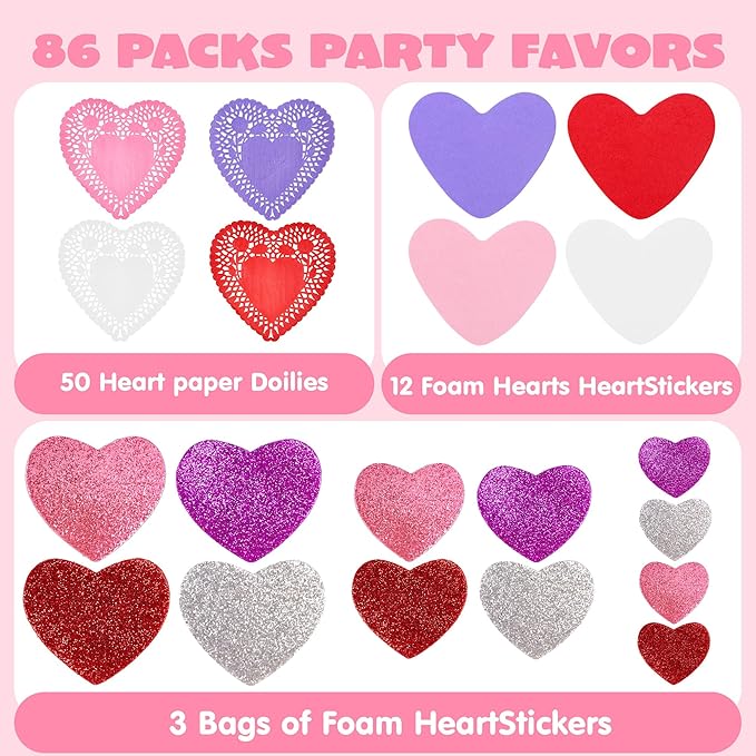 JOYIN 86 Pcs Valentines Day Heart Doilies Craft Gift Set with 50 Pcs Paper Doilies, 12 Foam Craft and 1 Bags of Glitter Foam Heart Stickers for Valentine's Day Party Tableware Decoration