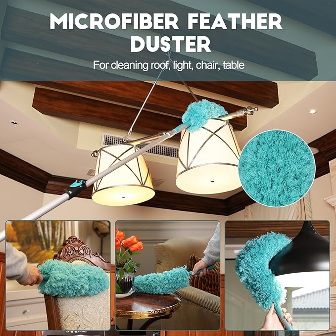 30 Foot High Reach Duster Kit with 6-24FT Extension Pole High Ceiling Dusting and Window Cleaning Kit with Telescopic Pole Window Washer&Squeegee,Cobweb Duster,Fan Duster and Feather Duster