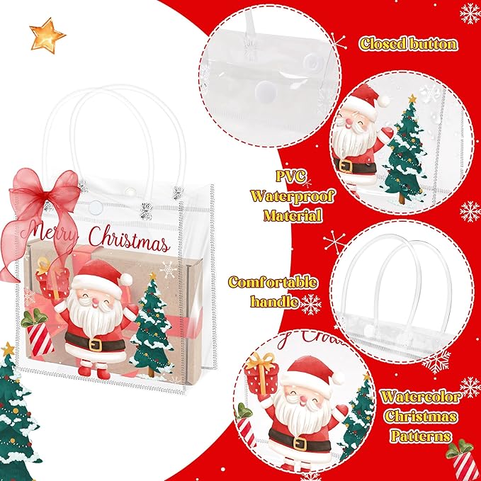 H1vojoxo Merry Christmas Gift Bags - 24PCS Watercolor Christmas Clear PVC Gift Bags with Handle and Ribbon Xmas Party Giftss Bag Reusable Xmas Goodie Bag PVC Gifts Wrap Totes for Kids Family Friends