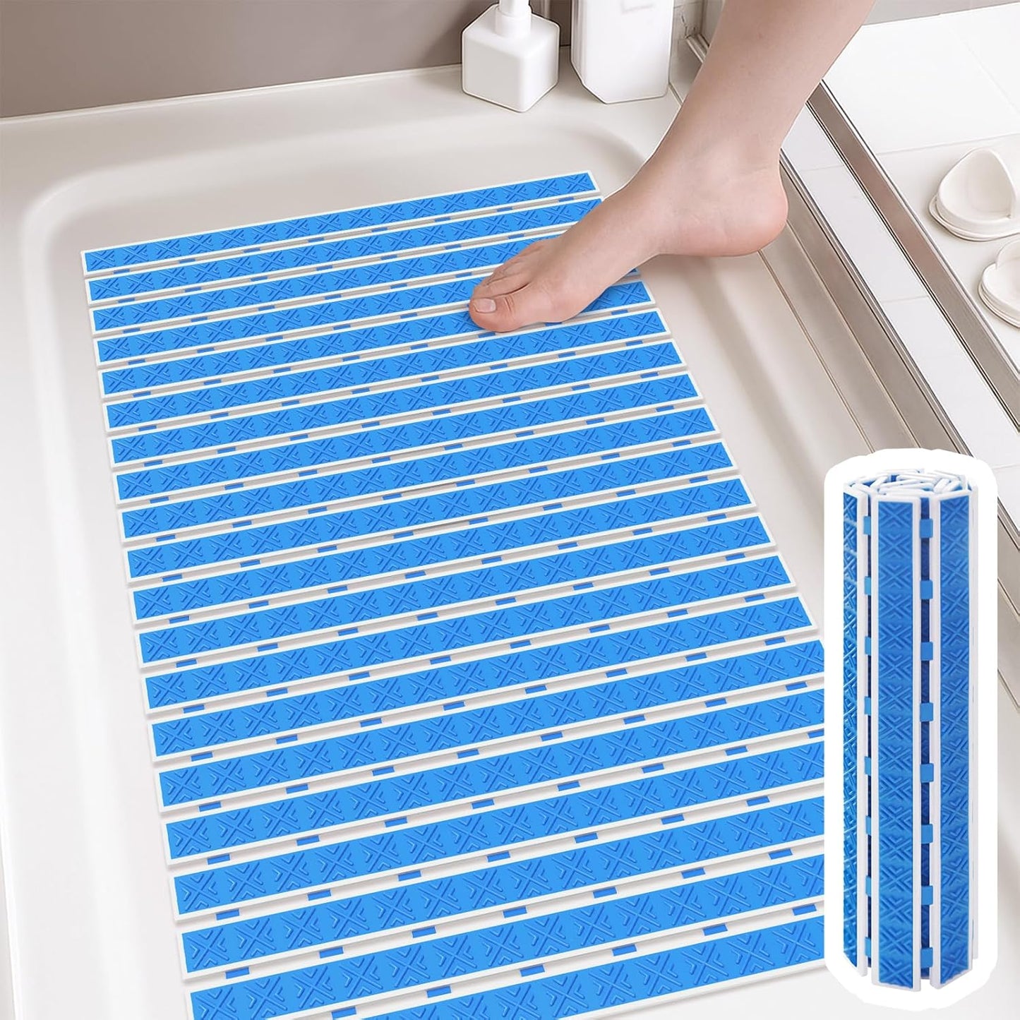 Matace Non Slip Rubber Bathtub & Shower Mat with Suction Cups, Thick Textured Surface, Fast Drain and Upright Drying Design, No Pooling Water for Better Hygiene, 27 x 16 Inch, Navy Blue