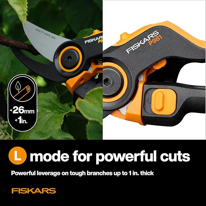 Fiskars DualAction Pruner – Hand Pruner with Two Cutting Modes, Bypass Garden Pruner for Stems and Branches up to 1", Low-Friction Steel Blade, FiberComp Frame